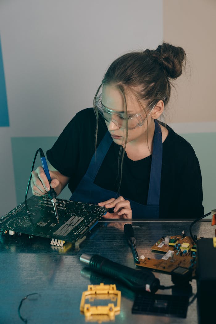 Female engineer wearing goggles soldering an electronic circuit board indoors.